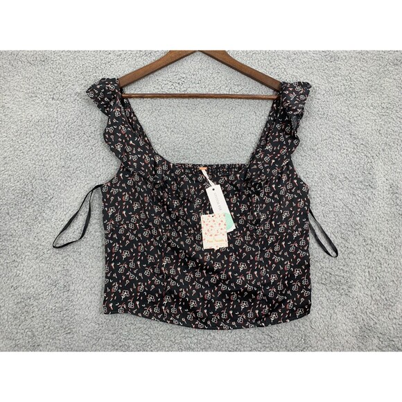 NWT FREE PEOPLE Merile Flutter Detail Ditzy Floral Smock Back Top Black Large - Picture 2 of 12